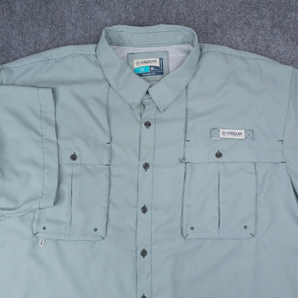 Magellan Outdoors Fishing Shirt Mens 3XL Green Micro Check Vented Relaxed Fit